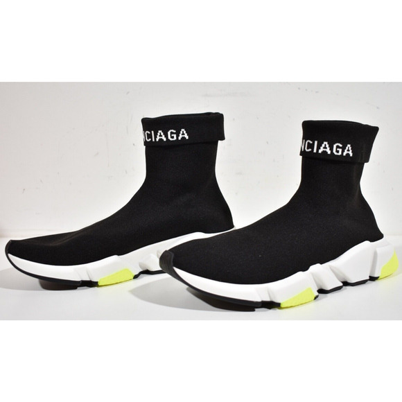 Balenciaga Mens Sock Speed Black White Yellow Logo Cuffed High Top Sneaker 43 10 - Picture 9 of 11
